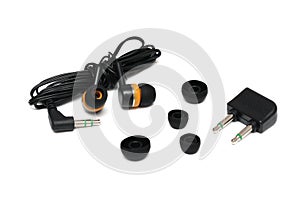 A set of black earphones with 2 pins airplane jack adapter stereo jack and silicone ear buds