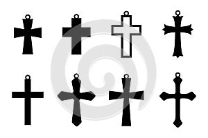 Set of the black earring crosses. Christian cross. Jewerly collection. Pendant. Vector illustration