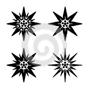 A set of black edelweiss icons. Alpine alpine flower, a symbol of many countries. 4 variants of the font.