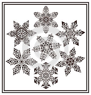 Set of 7 black elegant geometric winter snowflake shapes