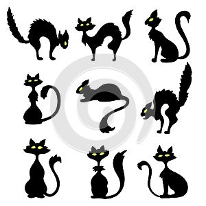 Set of black evil cat for halloween card design hand drawn isolated on white, stock vector illustration