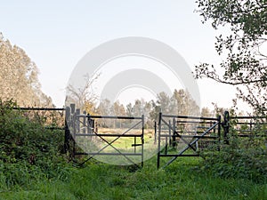 Set of black farm field country gates empty and open