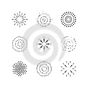 Set of black fireworks icons different style. Design element for new year festival and celebrations.