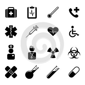 Set of black flat icons - medicine, health, science and healthcare