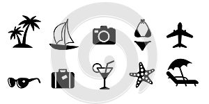 Set of black flat travel and vacation vector icons. Palm tree, sailing ship, camera, bikini swimsuit, plane, sunglasses