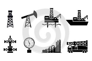 Set of black flat vector oil and gas icons: onshore and offshore drilling signs, drilling rig, sucker rod pump, gas processing