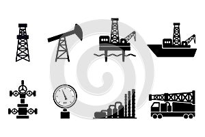 Set of black flat vector oil and gas icons: onshore and offshore drilling signs, drilling rig, sucker rod pump, gas processing photo