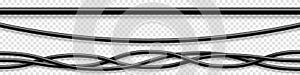 Set of black flexible cables with shadow. Electrical wire. Realistic power or network cable. Vector illustration.