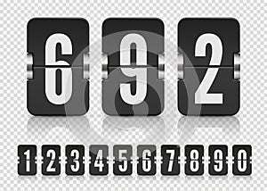 Set of black flip numbers on a mechanical score board with reflection. Vector template for your design.