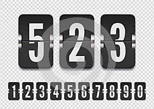 Set of black flip numbers on a mechanical score board with shadows. Vector template for your design.