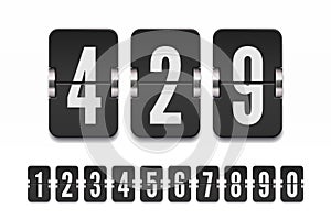 Set of black flip numbers on a mechanical scoreboard with shadows. Vector template for your design.