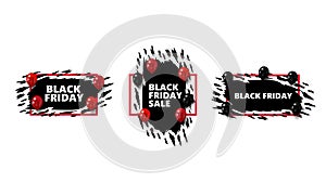 Set of Black Friday badges with abstract ragged shapes and black and red balloons. Black Friday signs, symbols, logos.