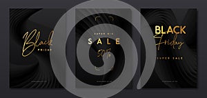 Set of Black Friday big sale posters with abstract black 3D fluid background. Ser of Modern covers design. photo