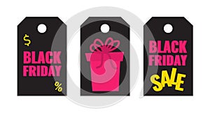 Set of Black Friday event sale tags with pink gift on dark background. Advertising campaign concept.