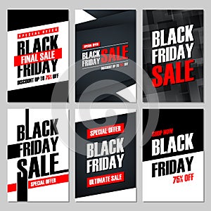 Set of Black Friday Sale banners. Special offer, discount up to 75% off, shop now, ultimate sale.