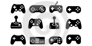 Set of black game controller and joystick icons in bold silhouette style and modern gaming designs photo