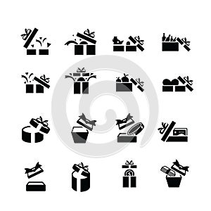 Set black gift icons, open gift box