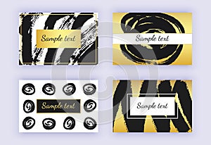 Set of black and gold business card, brush stroke designs. Abstract modern backgrounds. Templates for banners, flyers, placard, po