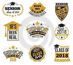 The set of black and gold colored senior text signs with the Graduation Cap, ribbon vector illustration. Class of 2018