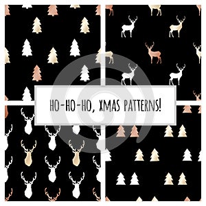 Set of black and gold foil seamless patterns with Christmas trees and deers for Christmas and New Year`s wrapping paper
