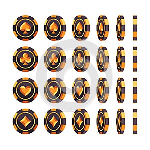 Set of black and gold poker chips at different angles. Casino flat illustration