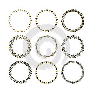 Set of black and golden circle emblems with heart decorative border patterns stamps and and design elements set