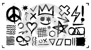 Set of black graffiti spray pattern. Heart, crown, thunder symbol collection. Arrow, infinity, wave geometric shapes