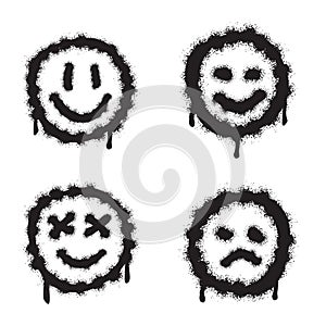 Set of black graffiti spray smile on white background