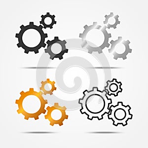 Set of black, gray, silver and gold 3 gears or cogs sign simple icon with shadow on white background
