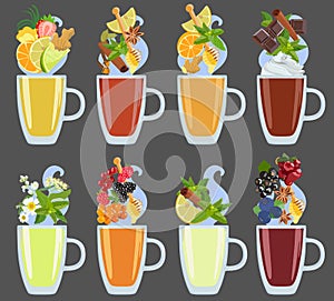 Set of black, green and herbal tea with additives. Vector.