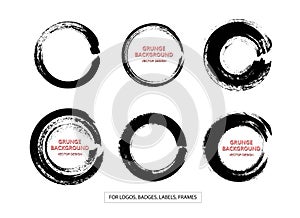 Set of Black Grunge Circle Stains, Shapes. Vector illustration. Hand Drawn Enso Zen Ink Circles Collection.
