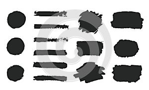 Set of black grunge hand paint, round shapes, stripes, ink brush strokes, hand painted circles, brushes, lines isolated on white b