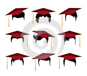 Set of black hair silhouettes with red graduation caps. Jpeg modern haircuts with education student caps for men or photo