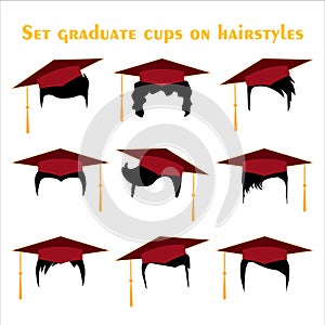 Set of black hair silhouettes with red graduation caps. Vector modern haircuts with education student caps for men or