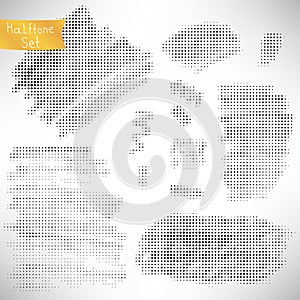 Set of black halftone elements, banners, textures isolated on white.