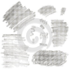 Set of black halftone elements, banners, textures isolated on white.  Dotted texture.
