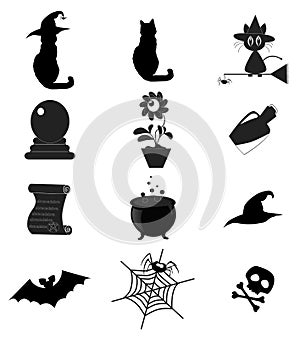 Set of black Halloween or magic icons isolated on white