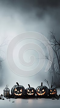 Set of black Halloween pumpkins over gray background with smoke and trees. Spooky pumpkins with evil faces, Halloween background.