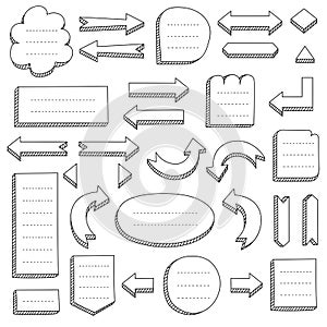 Set of black hand-drawn arrows and frames for mind maps, flowcharts, schemes, bullet journals, notes, planners, business ideas.