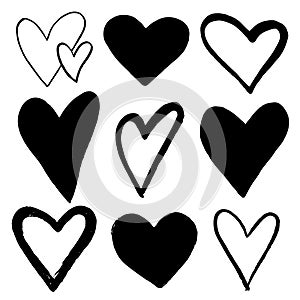 Set of Black hand drawn hearts on white background. Design element for Valentine s day.