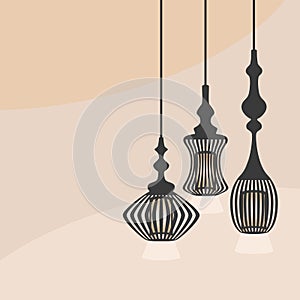 Set of black hanging lanterns light chandeliers on modern pink background photo
