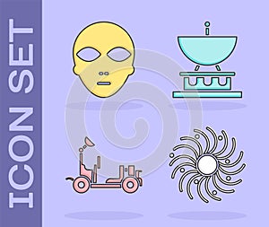 Set Black hole, Alien, Mars rover and Satellite dish icon. Vector