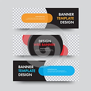 Set of black horizontal web banners with a place for a photo of colored rectangles with rounded corners