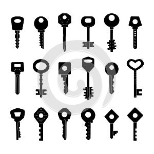 Set of black house key silhouettes. Dark hand drawn colored house keys. Black vintage door keys