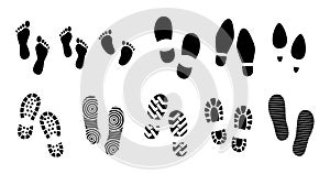 Set of black human footprints or human shoe sole or funny footsteps paw. easy   to modify