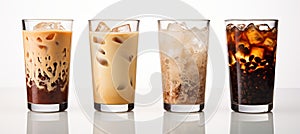 Set of black iced coffee and iced latte coffee with milk in tall glass, isolated on white background