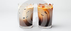 Set of black iced coffee and iced latte coffee with milk in tall glass isolated on white background