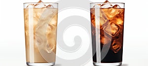 Set of black iced coffee and iced latte in tall glass with milk, isolated on white background