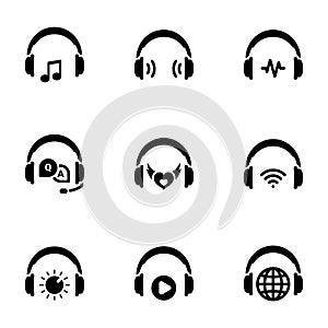 Set of black icon isolated on white background, on theme Headphones