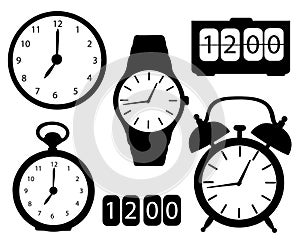 Set of black icon silhouette clocks and watches alarm digital electronic stopwatch wristwatch wall clock cartoon vector illustrati